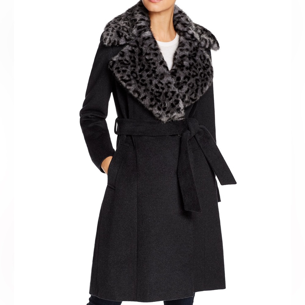 New Via Spiga Leopard Print Faux Fur Collar Wool Belted Wrap Coat Black Grey XS